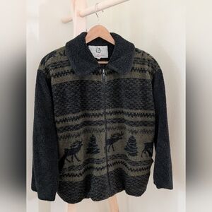 Vintage Fair Isle & Moose Printed Sherpa Teddy Fleece Jacket In Dark Gray/Green